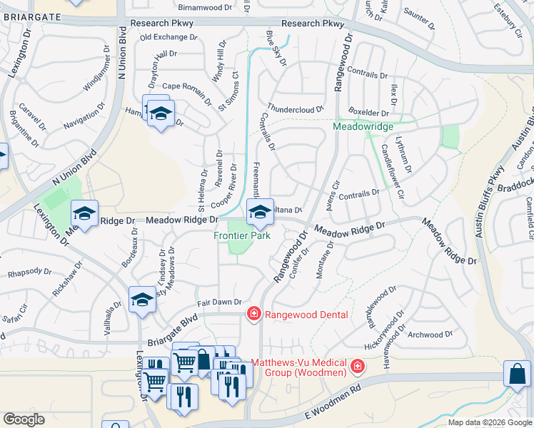 map of restaurants, bars, coffee shops, grocery stores, and more near 3825 Beltana Drive in Colorado Springs