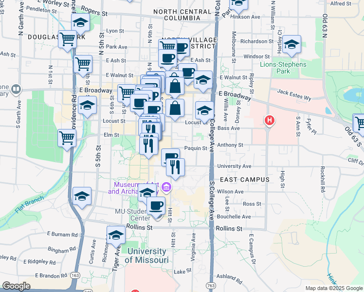 map of restaurants, bars, coffee shops, grocery stores, and more near 1107 Paquin Street in Columbia