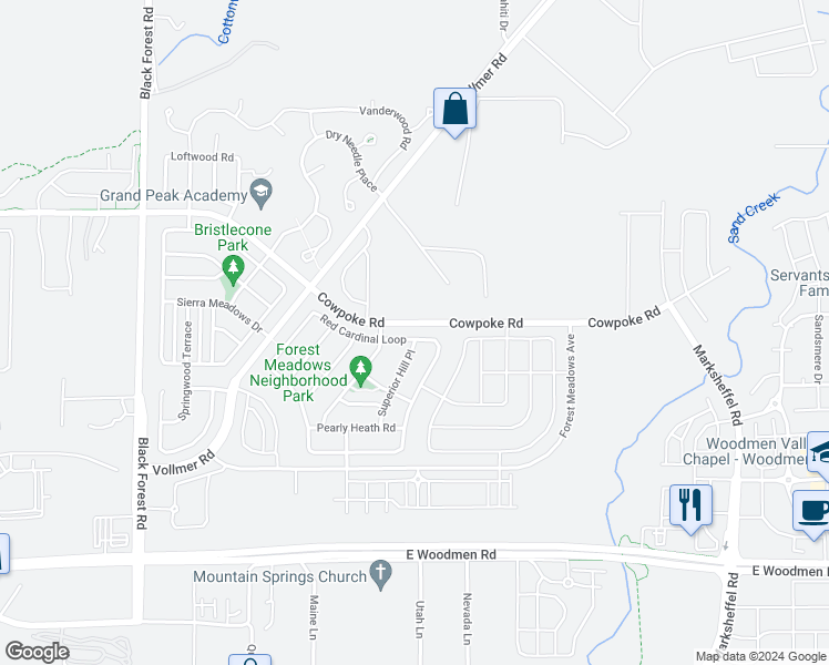 map of restaurants, bars, coffee shops, grocery stores, and more near 7984 Superior Hill Place in Colorado Springs