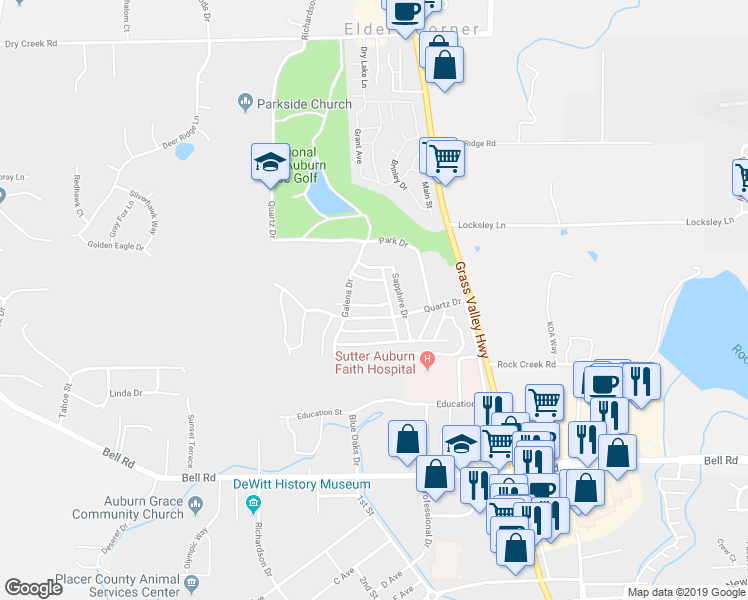 map of restaurants, bars, coffee shops, grocery stores, and more near 11563 Quartz Drive in Auburn