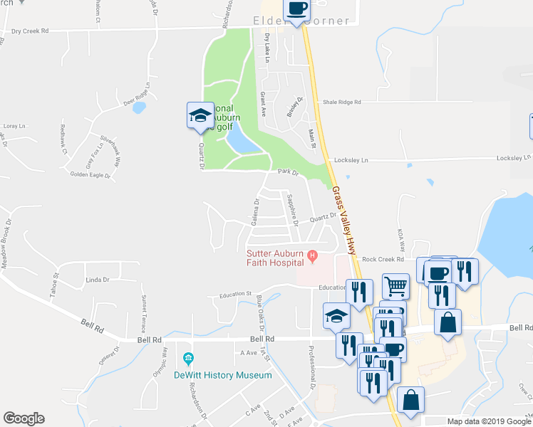 map of restaurants, bars, coffee shops, grocery stores, and more near 11493 Quartz Drive in Auburn