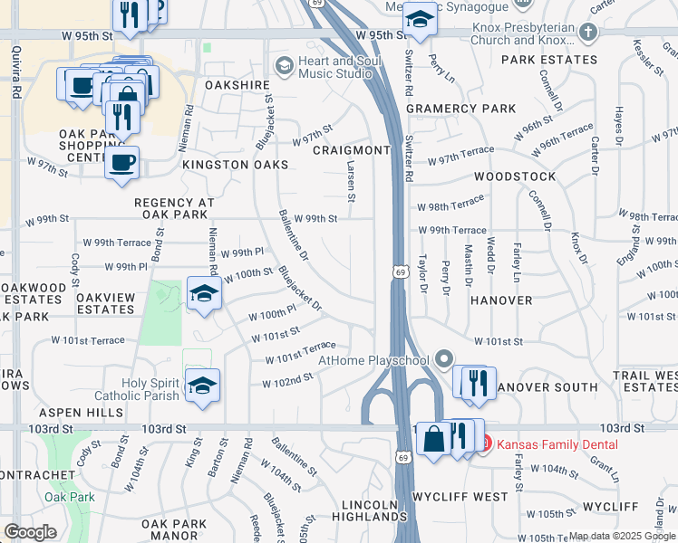 map of restaurants, bars, coffee shops, grocery stores, and more near 10009 Ballentine Drive in Overland Park