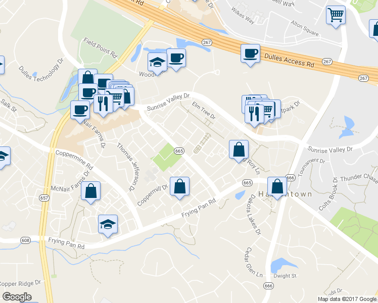 map of restaurants, bars, coffee shops, grocery stores, and more near 2398 Stone Fence Lane in Oak Hill