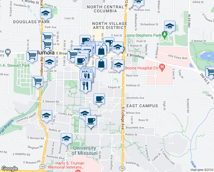 map of restaurants, bars, coffee shops, grocery stores, and more near 1111 Paquin Street in Columbia