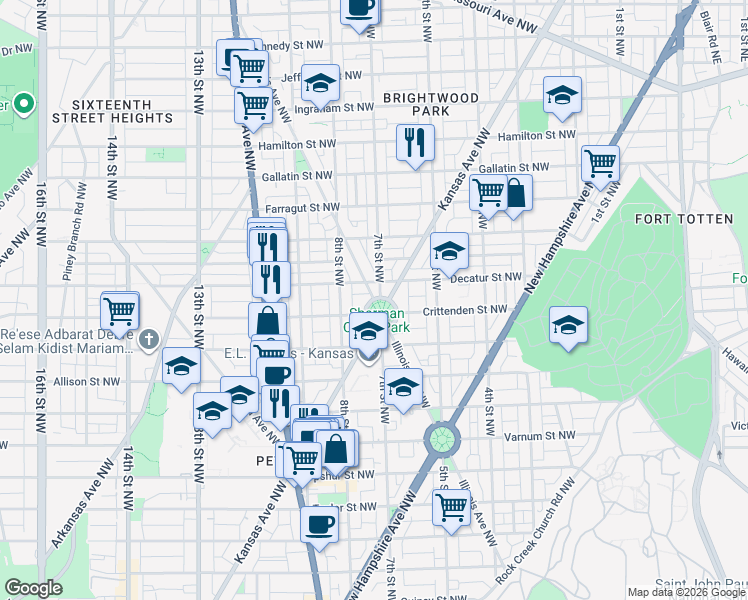 map of restaurants, bars, coffee shops, grocery stores, and more near Illinois Avenue Northwest in Washington