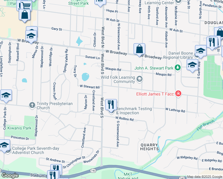 map of restaurants, bars, coffee shops, grocery stores, and more near 906 West Stewart Road in Columbia
