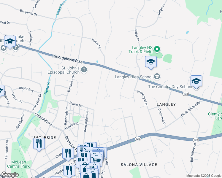 map of restaurants, bars, coffee shops, grocery stores, and more near 948 Mackall Farms Lane in McLean