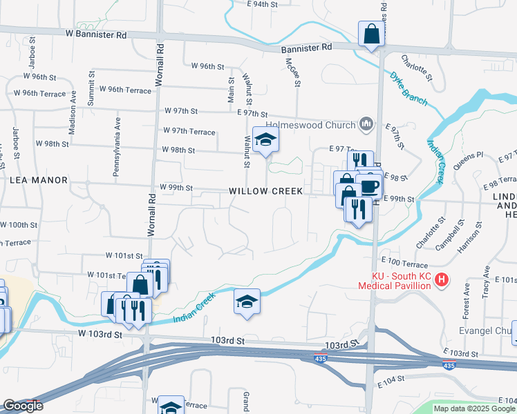 map of restaurants, bars, coffee shops, grocery stores, and more near 9921 Walnut Drive in Kansas City