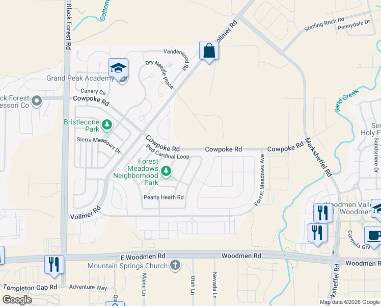 map of restaurants, bars, coffee shops, grocery stores, and more near 7984 Superior Hill Place in Colorado Springs