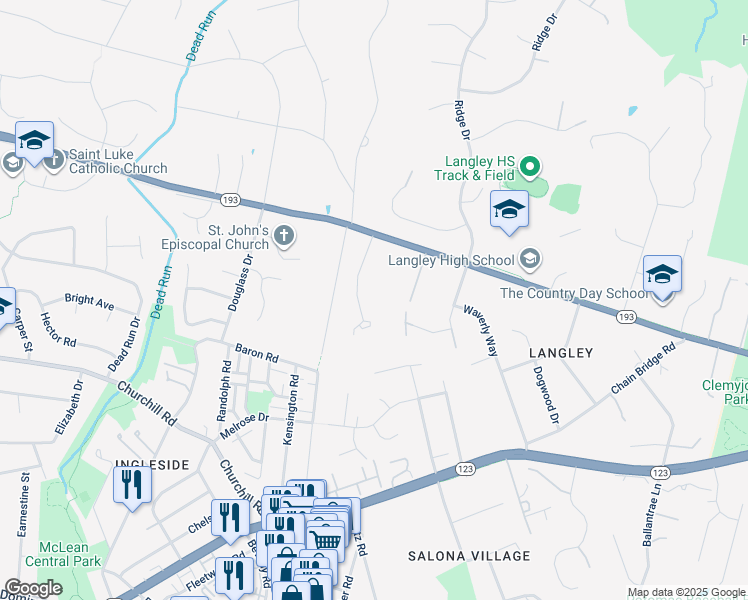 map of restaurants, bars, coffee shops, grocery stores, and more near 948 Mackall Farms Lane in McLean