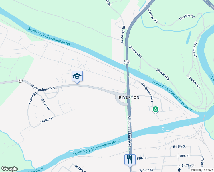 map of restaurants, bars, coffee shops, grocery stores, and more near 80 West Strasburg Road in Front Royal