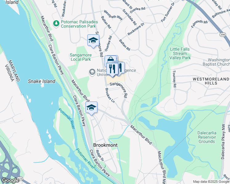 map of restaurants, bars, coffee shops, grocery stores, and more near 4511 Sangamore Road in Bethesda