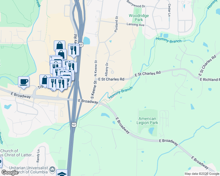 map of restaurants, bars, coffee shops, grocery stores, and more near 210 South Keene Street in Columbia