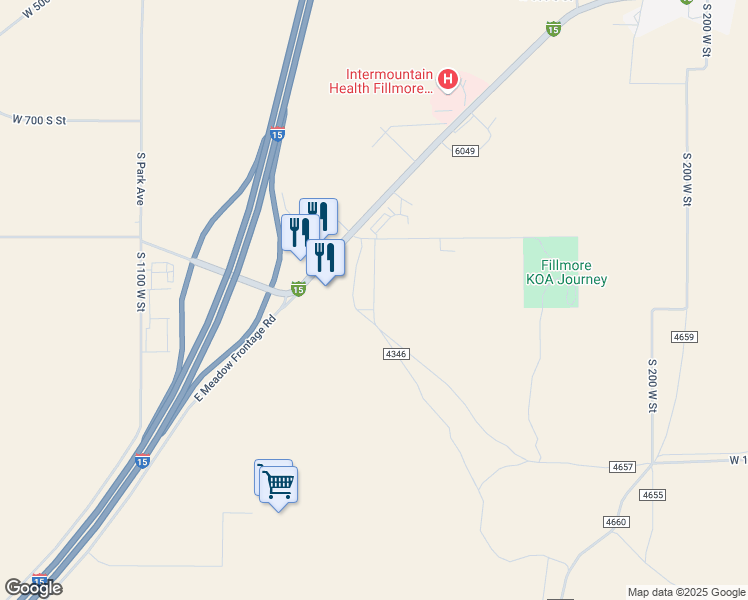 map of restaurants, bars, coffee shops, grocery stores, and more near 1100 South 725 West Road in Fillmore