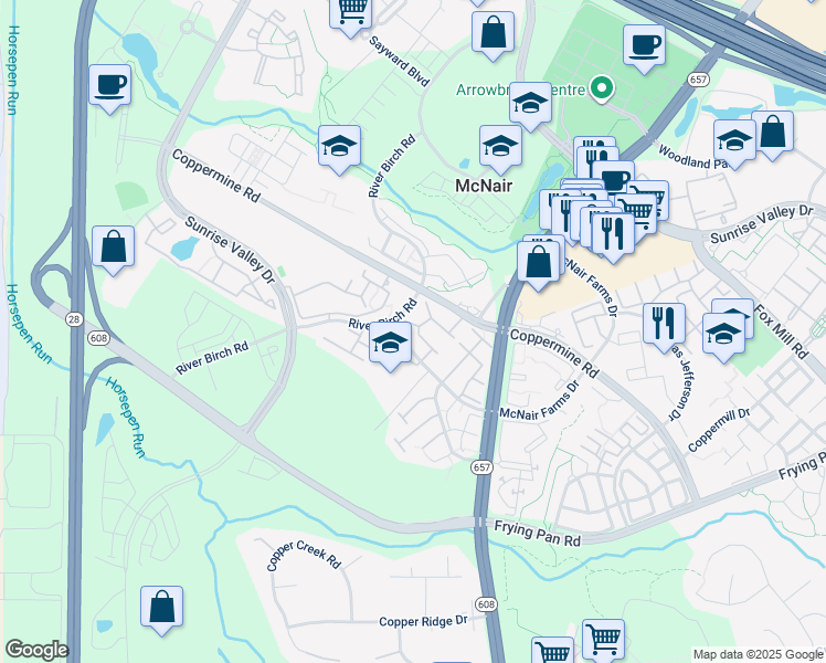 map of restaurants, bars, coffee shops, grocery stores, and more near 13701 Barksdale Drive in Herndon