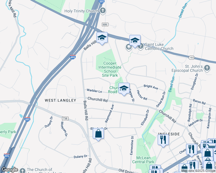 map of restaurants, bars, coffee shops, grocery stores, and more near 7113 Thrasher Road in McLean