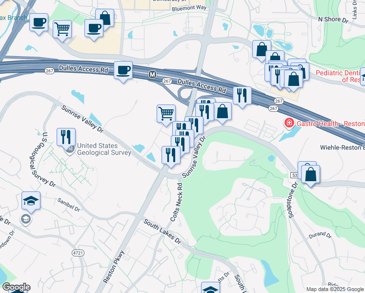map of restaurants, bars, coffee shops, grocery stores, and more near 11850 Sunrise Valley Drive in Reston