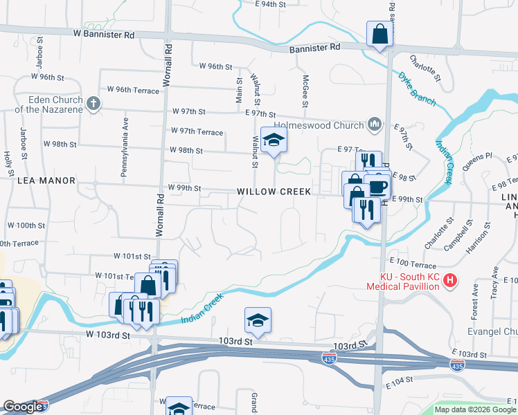 map of restaurants, bars, coffee shops, grocery stores, and more near 9921 Walnut Drive in Kansas City