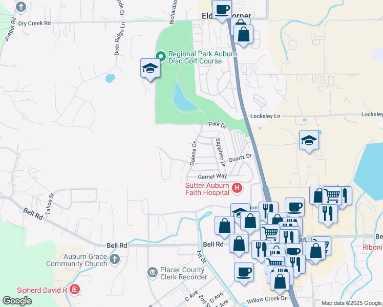 map of restaurants, bars, coffee shops, grocery stores, and more near 3643 Galena Drive in Auburn