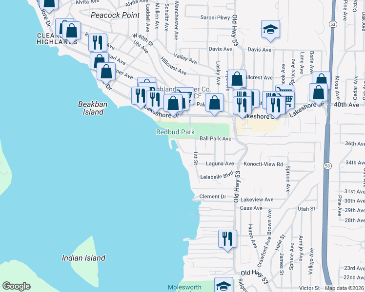 map of restaurants, bars, coffee shops, grocery stores, and more near 4970 Beach Avenue in Clearlake