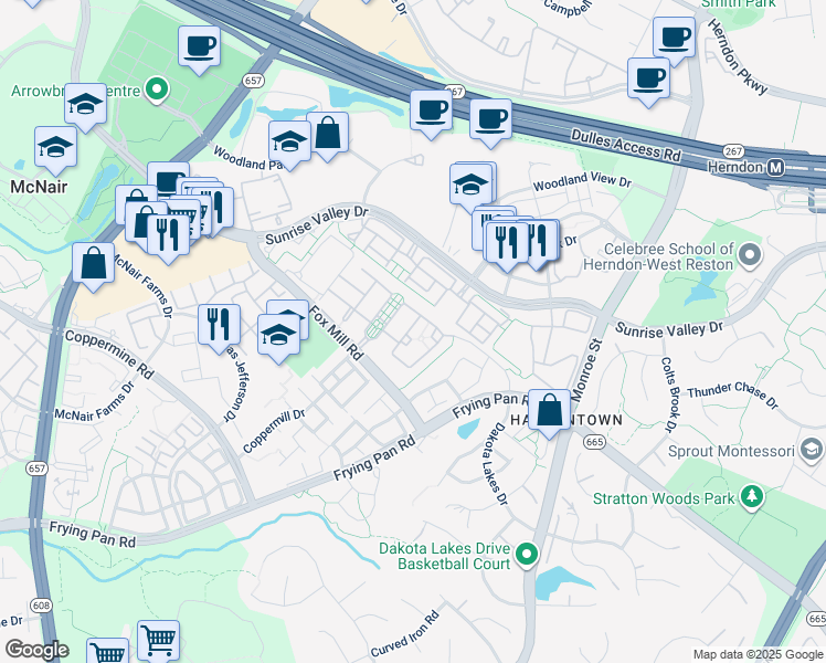 map of restaurants, bars, coffee shops, grocery stores, and more near 2466 Cypress Green Lane in Oak Hill