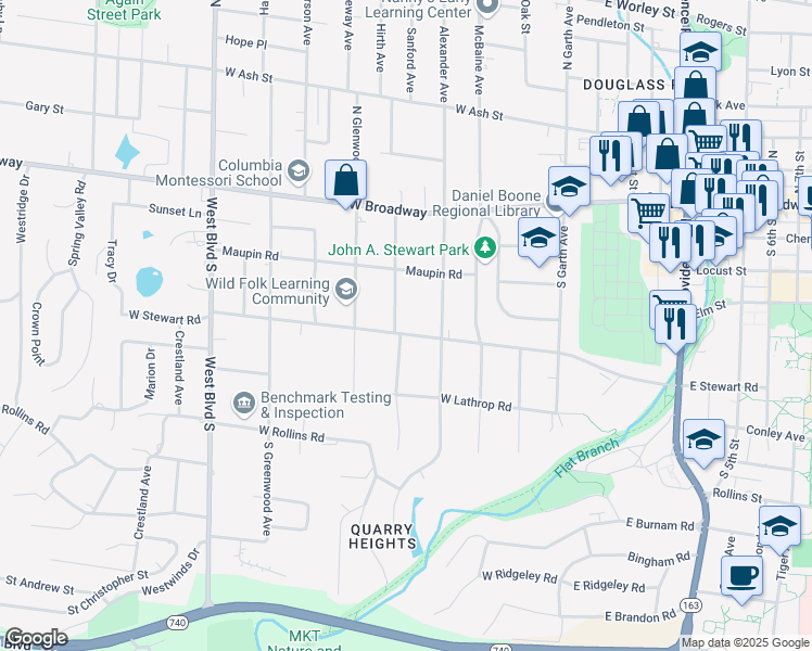 map of restaurants, bars, coffee shops, grocery stores, and more near 503 West Stewart Road in Columbia