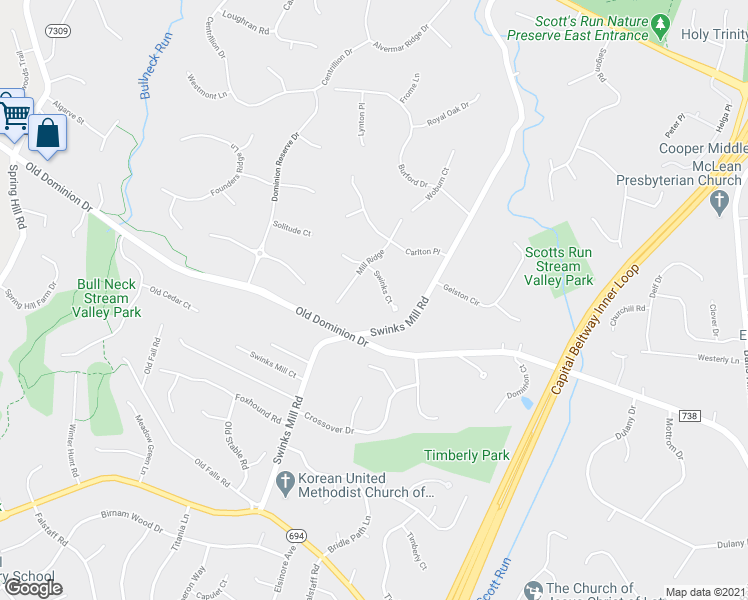 map of restaurants, bars, coffee shops, grocery stores, and more near 7607 Swinks Court in McLean