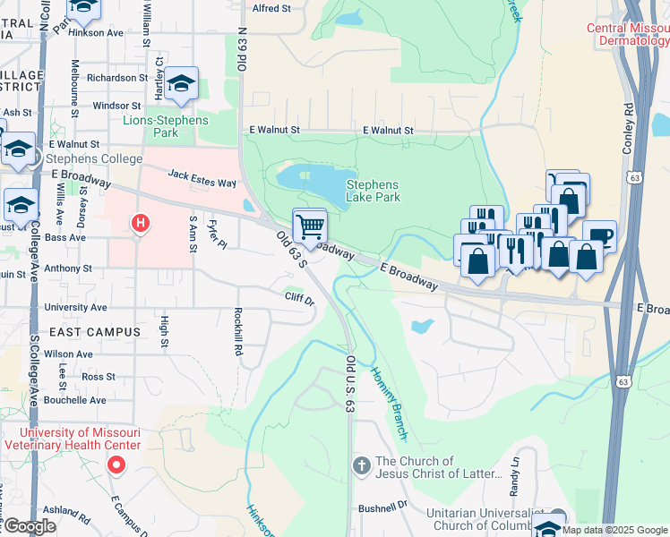 map of restaurants, bars, coffee shops, grocery stores, and more near 2100 East Broadway in Columbia