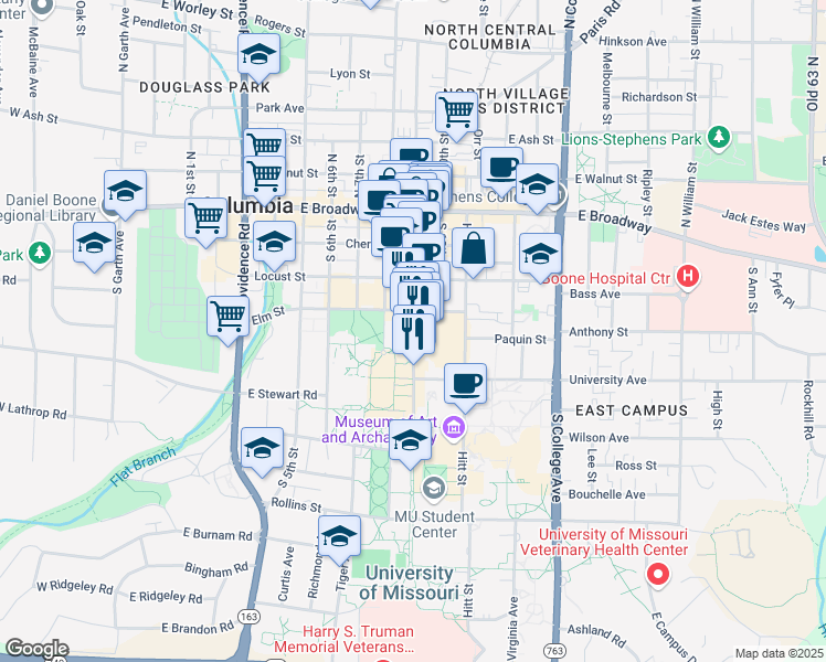 map of restaurants, bars, coffee shops, grocery stores, and more near South 9th Street in Columbia