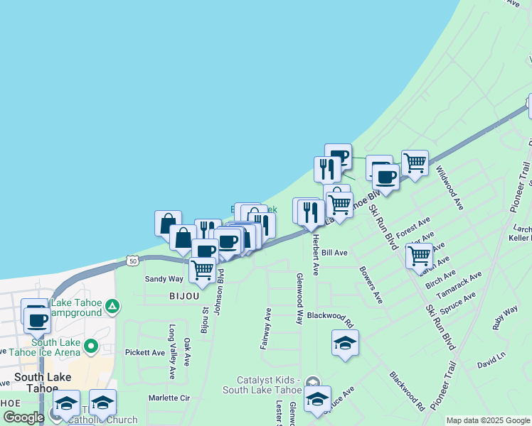 map of restaurants, bars, coffee shops, grocery stores, and more near 920 Balbijou Road in South Lake Tahoe