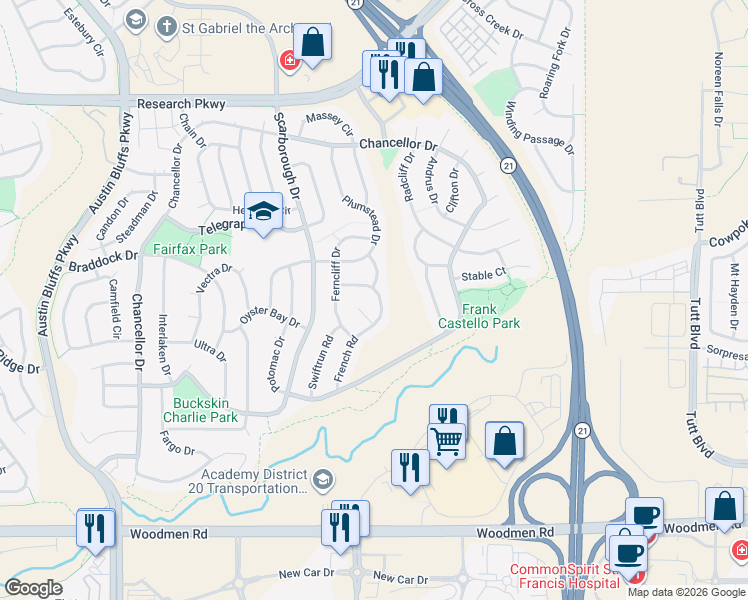 map of restaurants, bars, coffee shops, grocery stores, and more near 7934 French Road in Colorado Springs