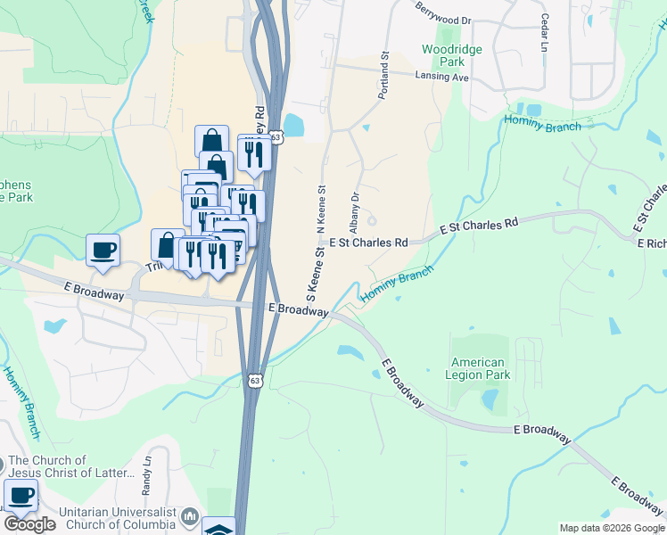 map of restaurants, bars, coffee shops, grocery stores, and more near 210 South Keene Street in Columbia