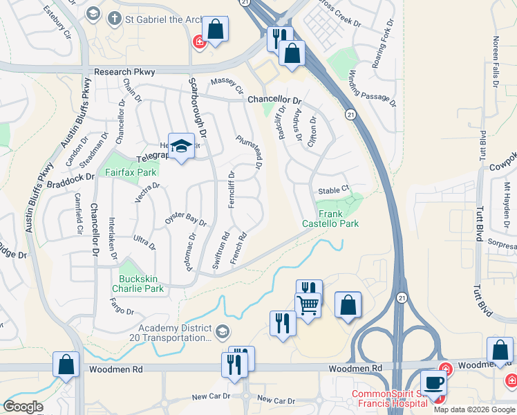 map of restaurants, bars, coffee shops, grocery stores, and more near 7934 French Road in Colorado Springs