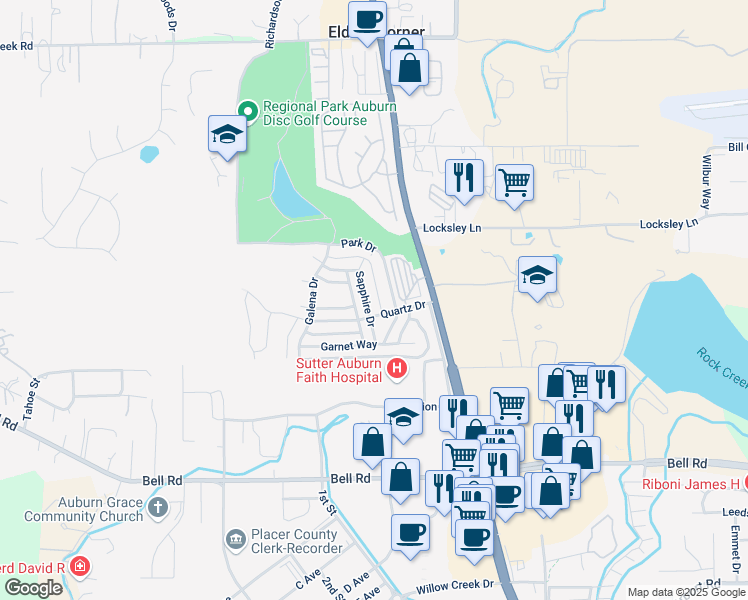 map of restaurants, bars, coffee shops, grocery stores, and more near 11662 Quartz Drive in Auburn