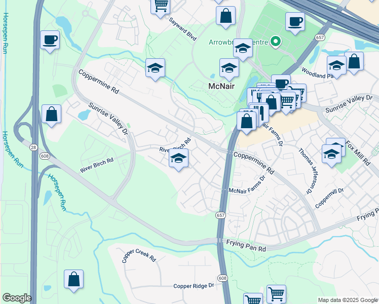 map of restaurants, bars, coffee shops, grocery stores, and more near 13701 Barksdale Drive in Herndon