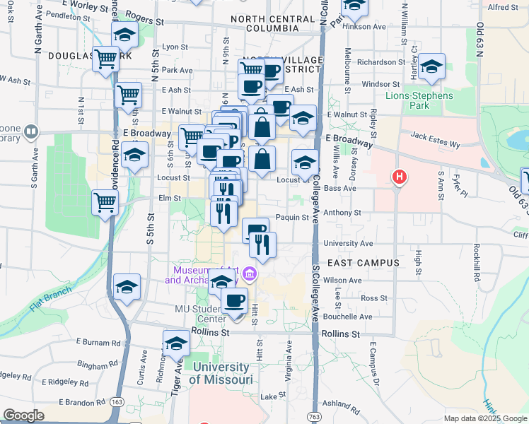 map of restaurants, bars, coffee shops, grocery stores, and more near 1107 Paquin Street in Columbia