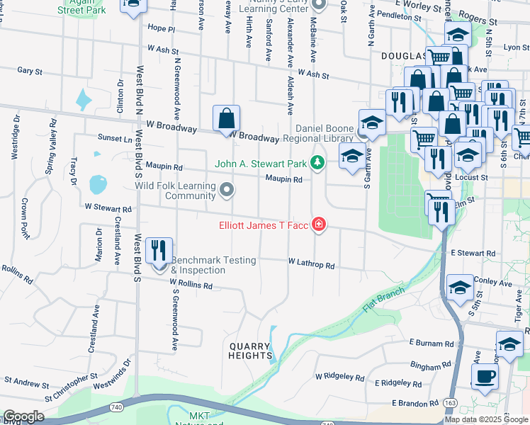 map of restaurants, bars, coffee shops, grocery stores, and more near 602 West Stewart Road in Columbia