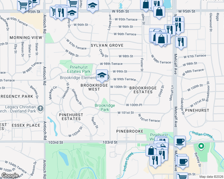 map of restaurants, bars, coffee shops, grocery stores, and more near 10009 Lowell Avenue in Overland Park