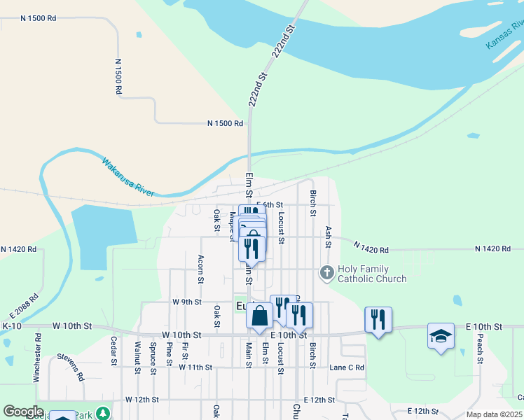 map of restaurants, bars, coffee shops, grocery stores, and more near 600 Main Street in Eudora