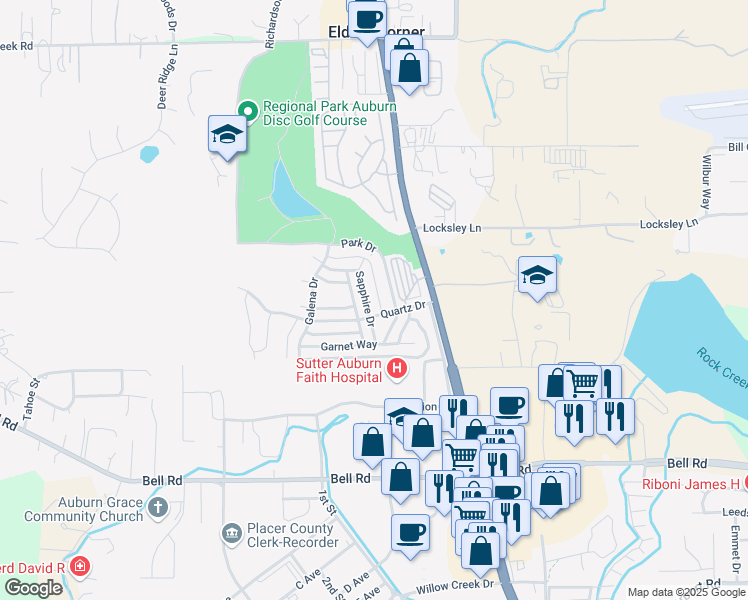 map of restaurants, bars, coffee shops, grocery stores, and more near 3634 Sapphire Drive in Auburn