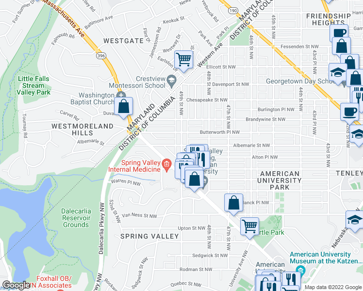 map of restaurants, bars, coffee shops, grocery stores, and more near Albemarle Street Northwest & 49th Street Northwest in Washington