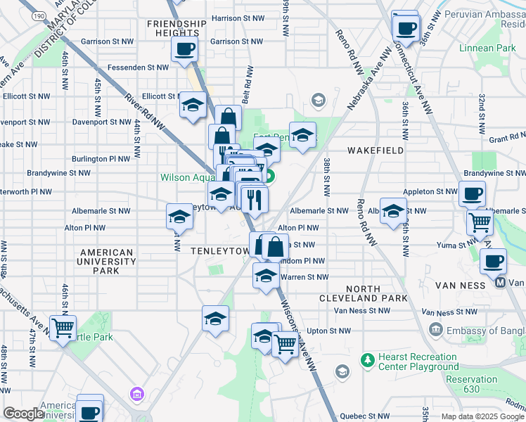 map of restaurants, bars, coffee shops, grocery stores, and more near 4001 Albemarle Street Northwest in Washington