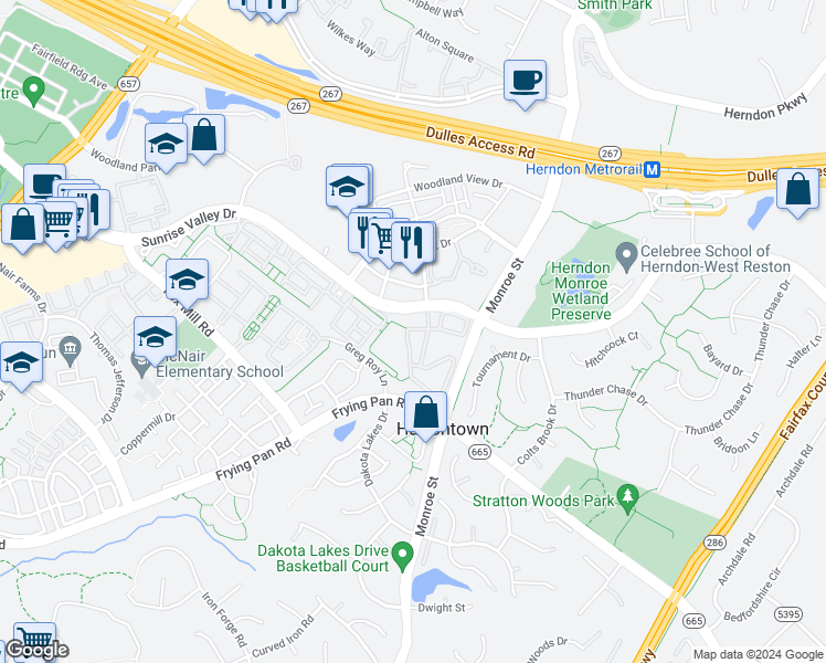 map of restaurants, bars, coffee shops, grocery stores, and more near 12951 Park Crescent Circle in Herndon
