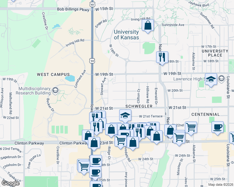 map of restaurants, bars, coffee shops, grocery stores, and more near 1740 West 20th Terrace in Lawrence