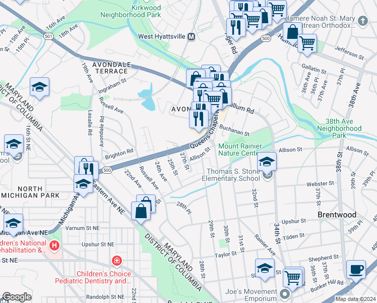 map of restaurants, bars, coffee shops, grocery stores, and more near 4707 27th Street in Mount Rainier