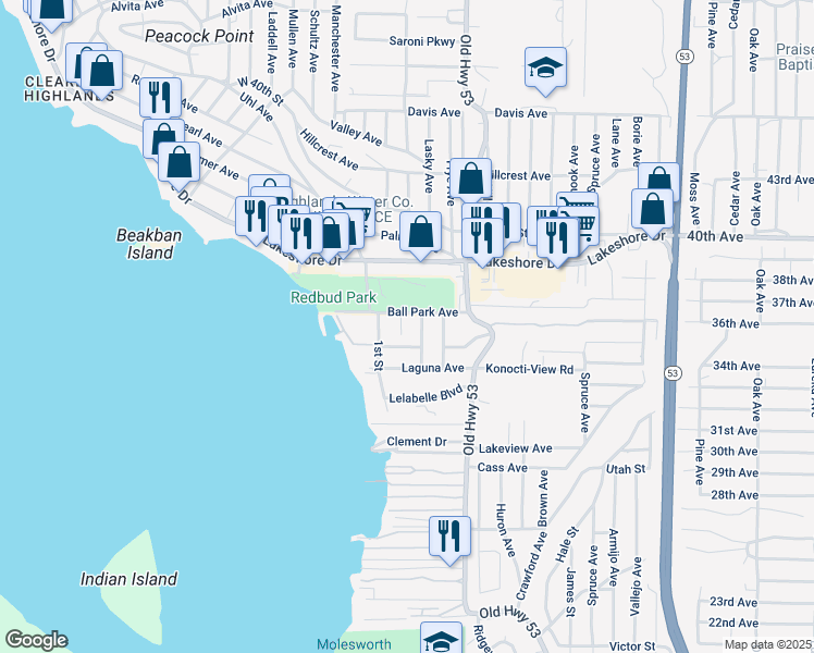 map of restaurants, bars, coffee shops, grocery stores, and more near 14860 Putnam Lane in Clearlake