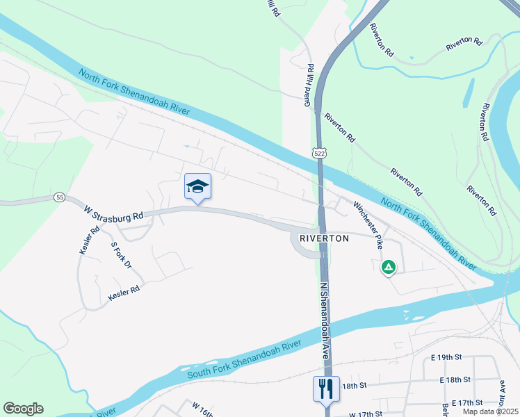 map of restaurants, bars, coffee shops, grocery stores, and more near 116 West Strasburg Road in Front Royal