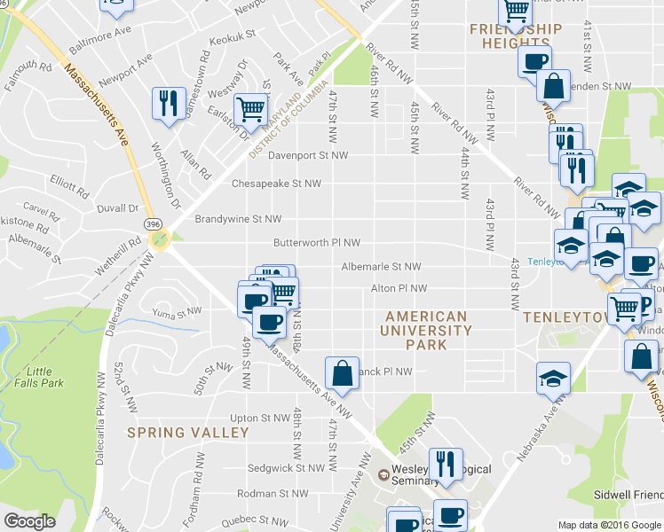 map of restaurants, bars, coffee shops, grocery stores, and more near Albemarle St & 47th St NW in Washington
