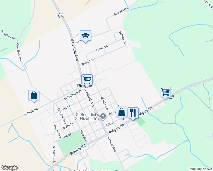 map of restaurants, bars, coffee shops, grocery stores, and more near 102 Sunrise Avenue in Ridgely