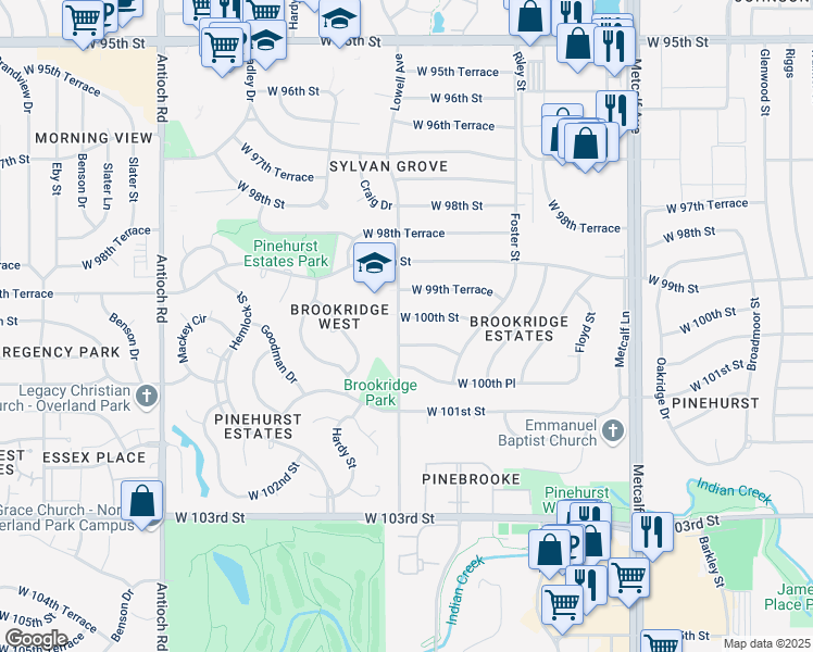 map of restaurants, bars, coffee shops, grocery stores, and more near 10009 Lowell Avenue in Overland Park